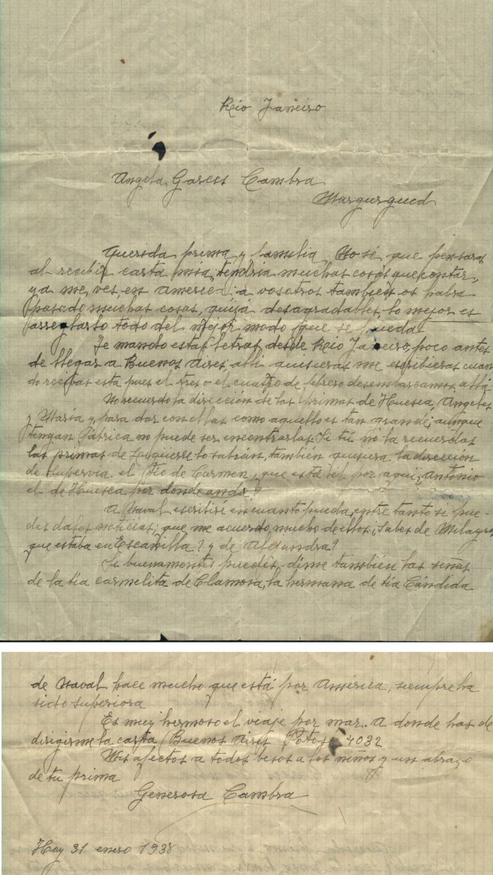1938-01-31.Carta desde Rio de Janeiro de Generosa Cambra a Ángela Garcés